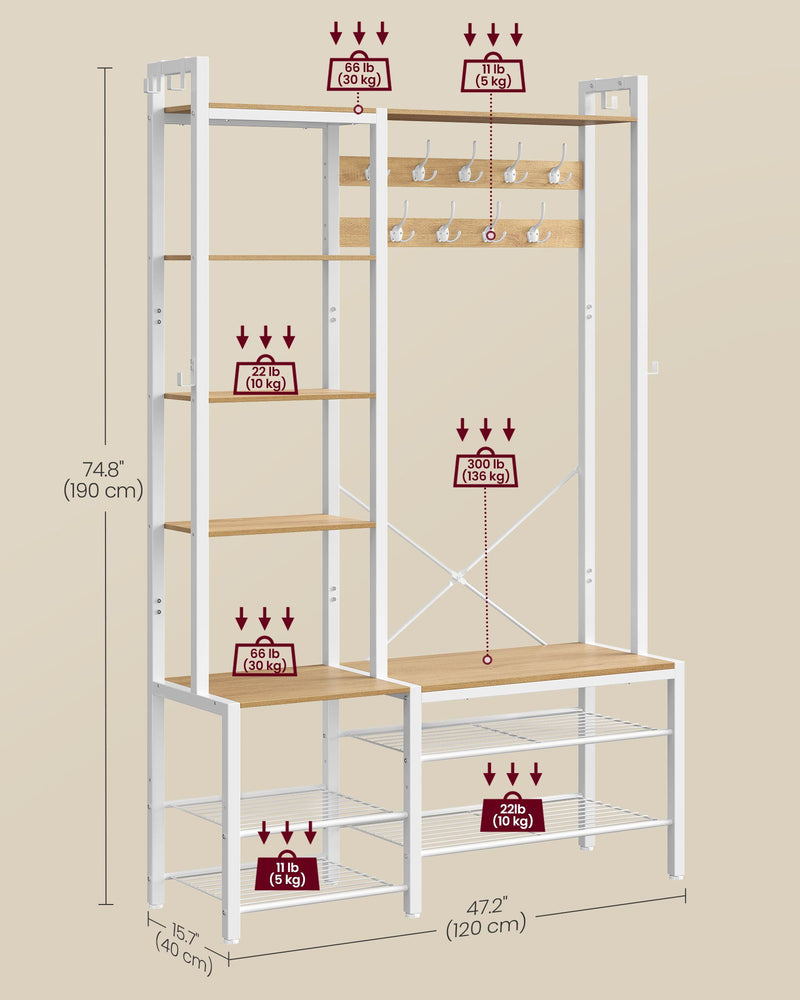Hallway Coat Rack with Shoe Bench in Golden Oak and Cloud White Finish by Vasagle