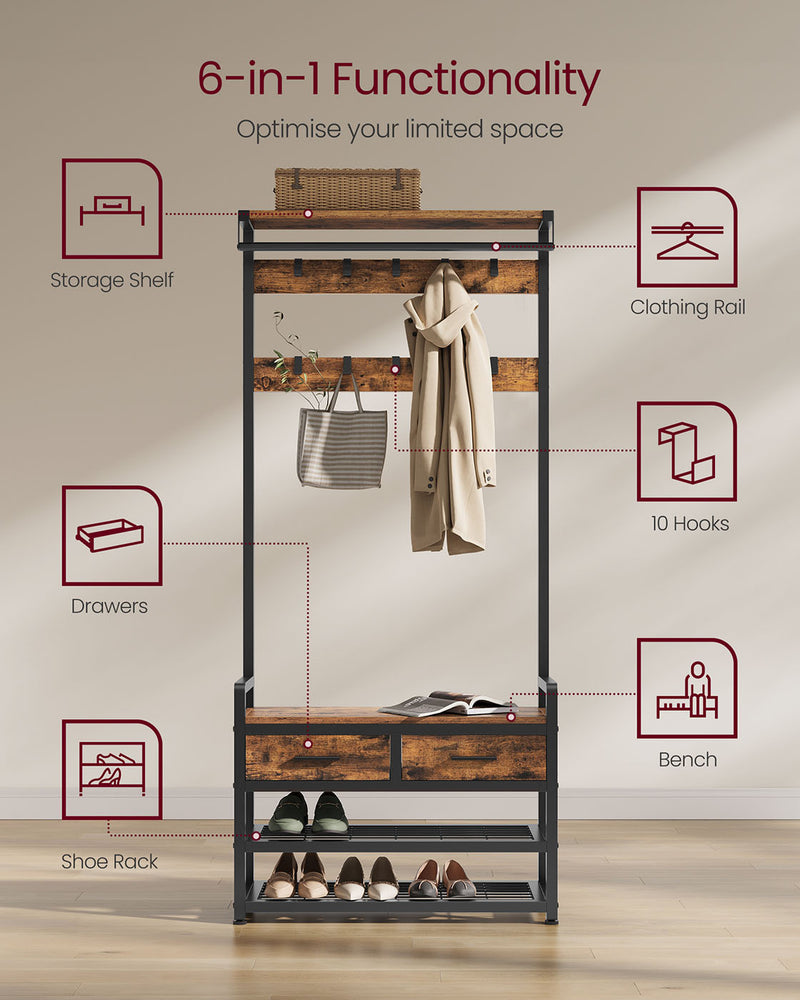 Coat Rack with Storage Bench and Hooks for Entryway Hallway Organiser by Vasagle