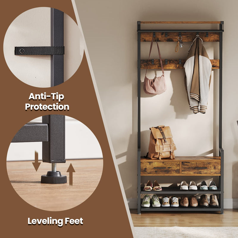 Hall Tree Coat Rack with Shoe Storage and Bench for Entryway 181 cm Tall by Vasagle