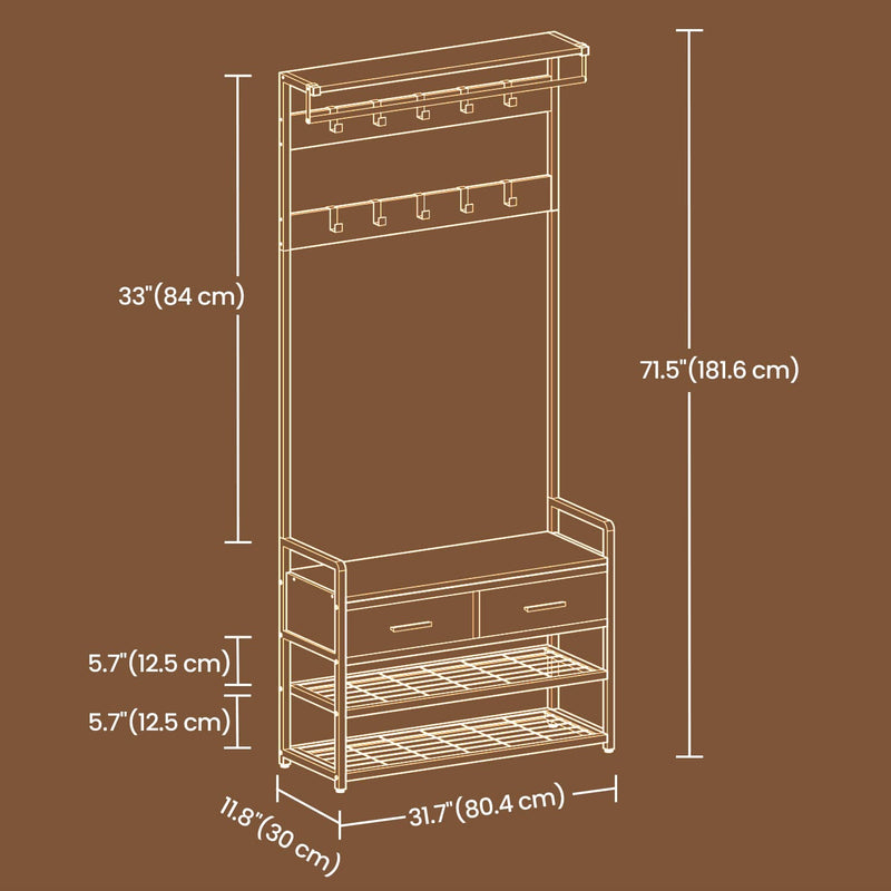 Hall Tree Coat Rack with Shoe Storage and Bench for Entryway 181 cm Tall by Vasagle