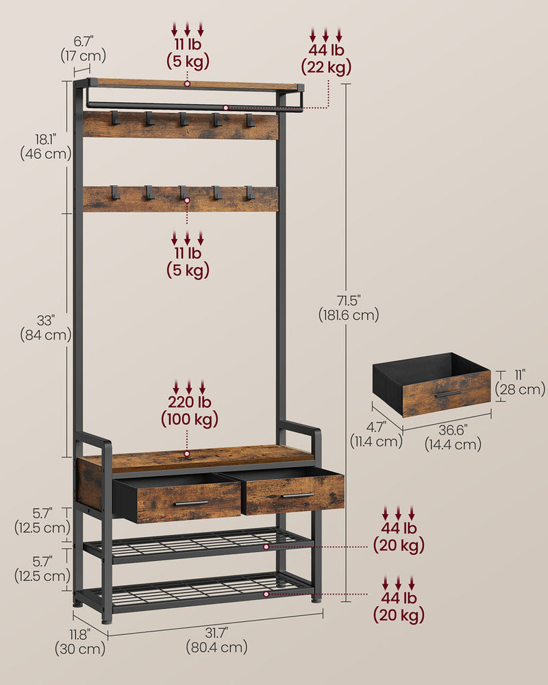 Coat Rack with Storage Bench and Hooks for Entryway Hallway Organiser by Vasagle
