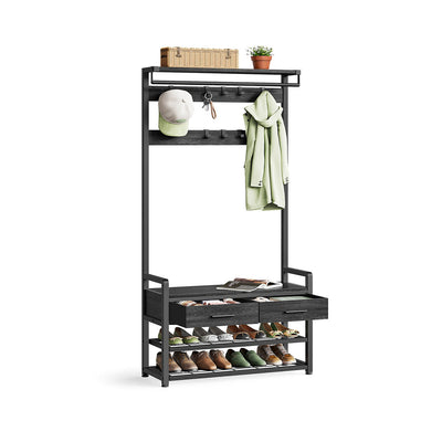 Hall Tree with Bench and Shoe Storage in Stone Grey and Ink Black Finish by Vasagle