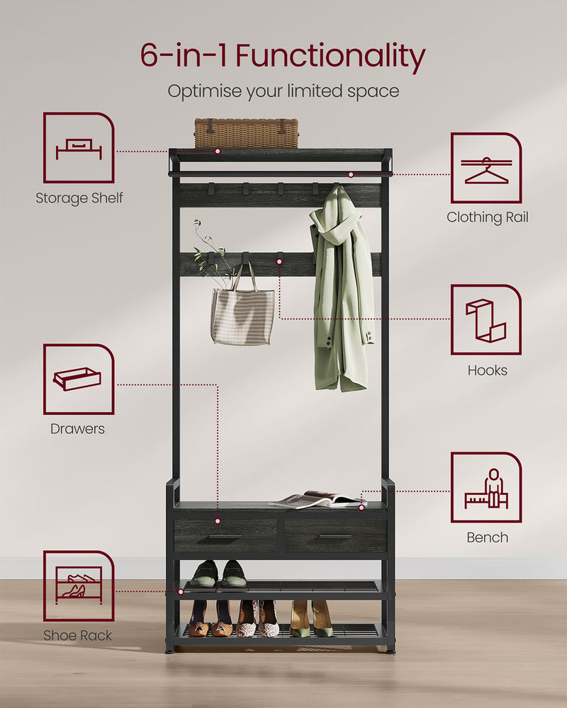 Hall Tree with Bench and Shoe Storage in Stone Grey and Ink Black Finish by Vasagle