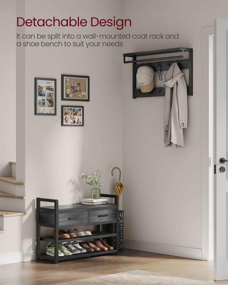 Hall Tree with Bench and Shoe Storage in Stone Grey and Ink Black Finish by Vasagle