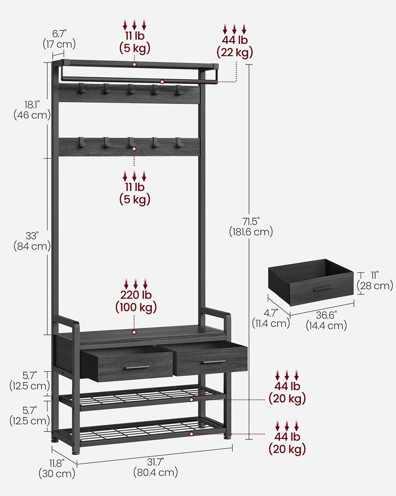 Hall Tree with Bench and Shoe Storage in Stone Grey and Ink Black Finish by Vasagle