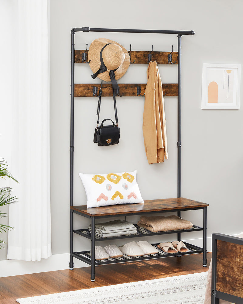 Industrial Style Hall Tree with Coat Hooks, Shoe Organiser, and Bench for Hallway by Vasagle 100x41.5x182cm