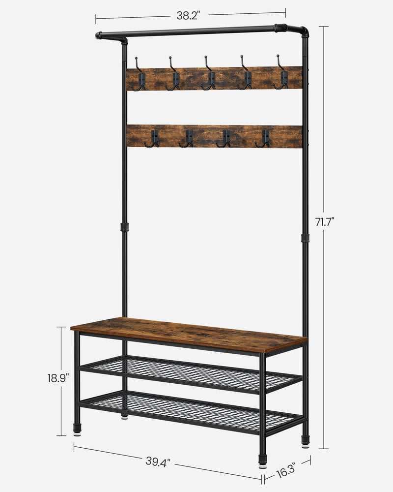 Industrial Style Hall Tree with Coat Hooks, Shoe Organiser, and Bench for Hallway by Vasagle 100x41.5x182cm