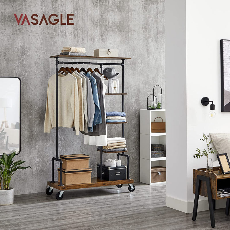 Open Wardrobe Rolling Clothes Storage Rack with Black Metal Frame for Bedroom or Laundry Room by Vasagle