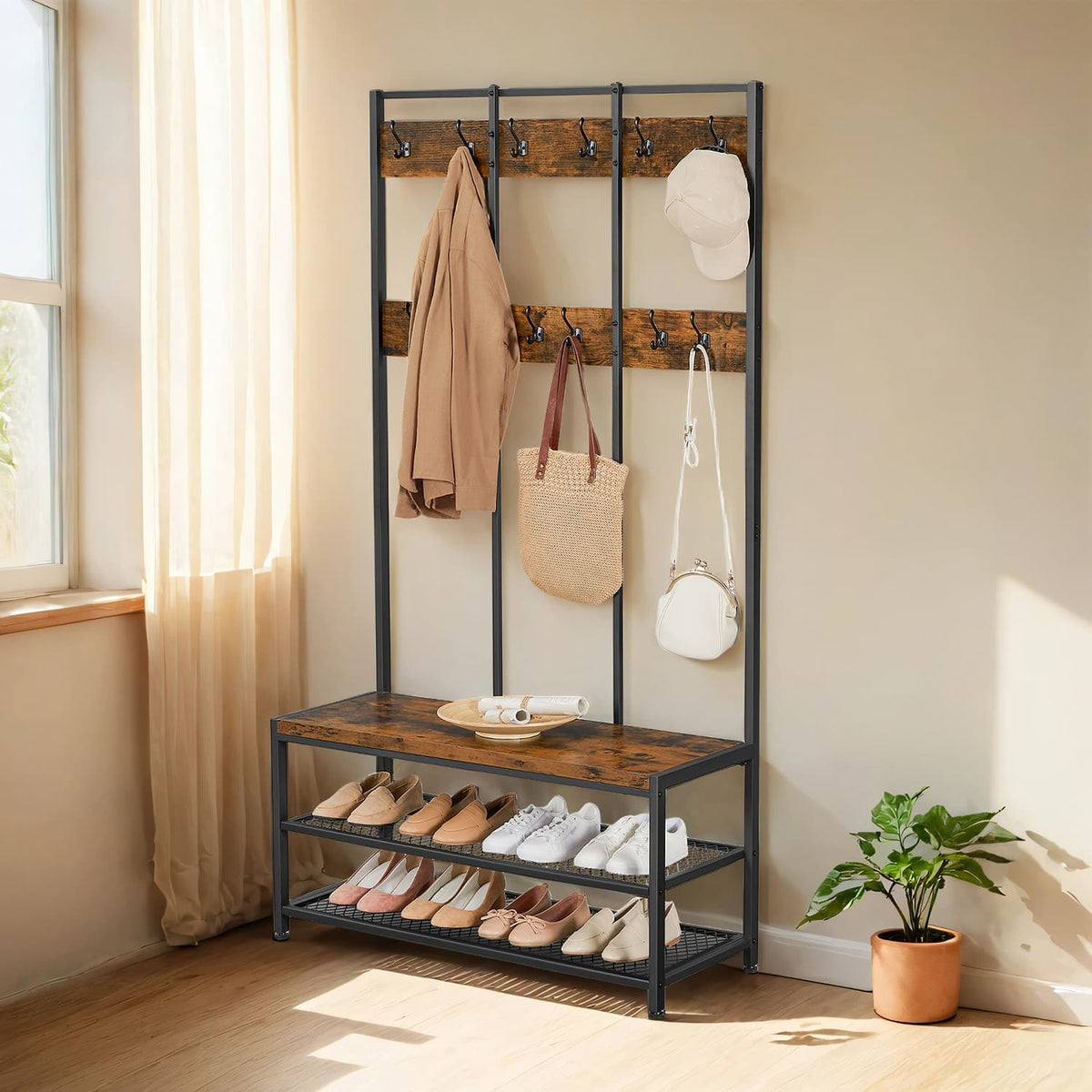 Vasagle Industrial Hall Tree Coat Rack With Bench & Storage Shelf ...