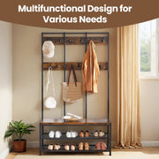 Large Industrial Coat Rack with 12 Hooks Shoe Bench and Storage Shelf for Entryway by Vasagle