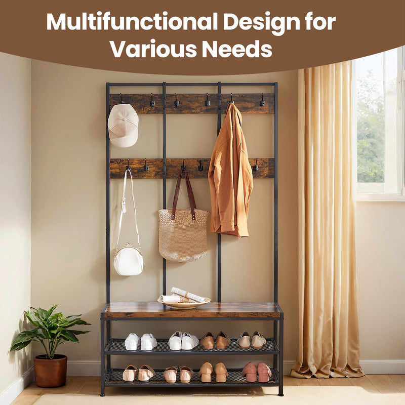 Large Industrial Coat Rack with 12 Hooks Shoe Bench and Storage Shelf for Entryway by Vasagle