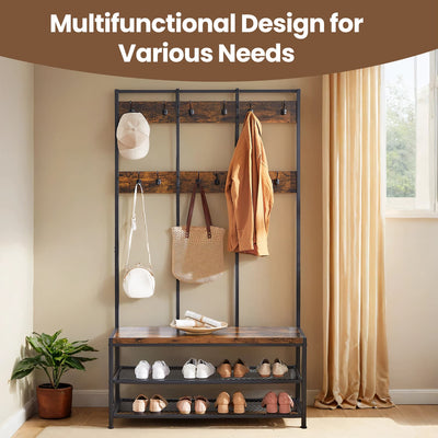 Large Industrial Coat Rack with 12 Hooks Shoe Bench and Storage Shelf for Entryway by Vasagle