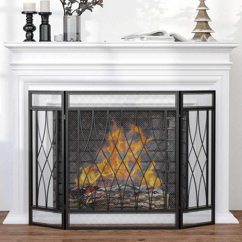 Fire Guard with Folding Mesh Panels for Child and Pet Safety Black