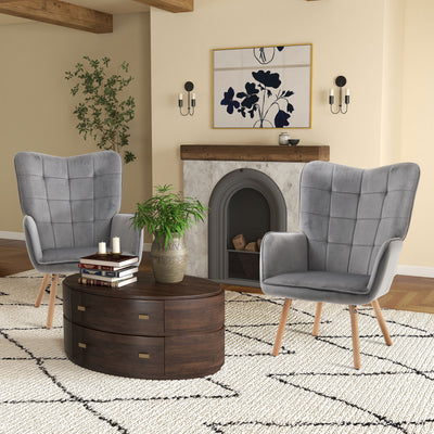 Set of 2 Velvet Wingback Armchairs with Tufted Backrest and Wood Legs for Lounge Use Grey