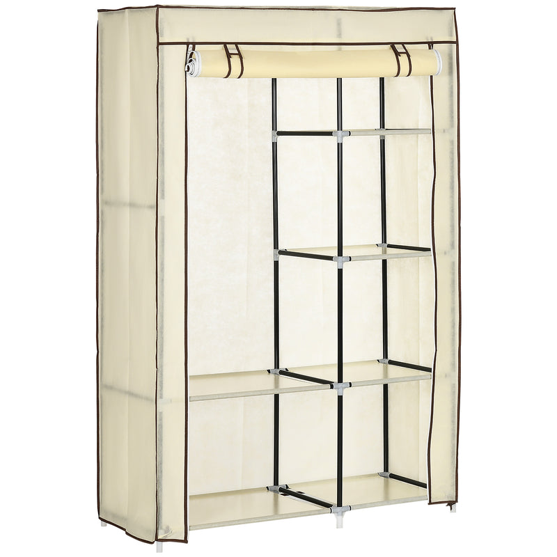Cream White Fabric Portable Wardrobe with 6 Shelves and Hanging Rail by HOMCOM