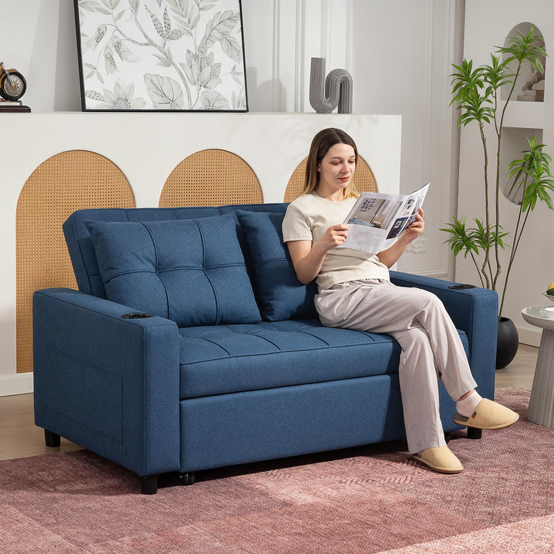 2 Seater Sofa Bed with Storage Pockets and Full Size Pull Out Bed Dark Blue