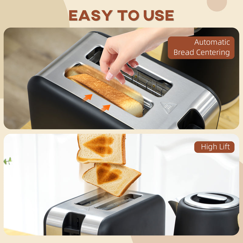 Black Cordless Kettle and Toaster Set 1.7L Fast Boil 3000W with 7 Browning Levels by HOMCOM