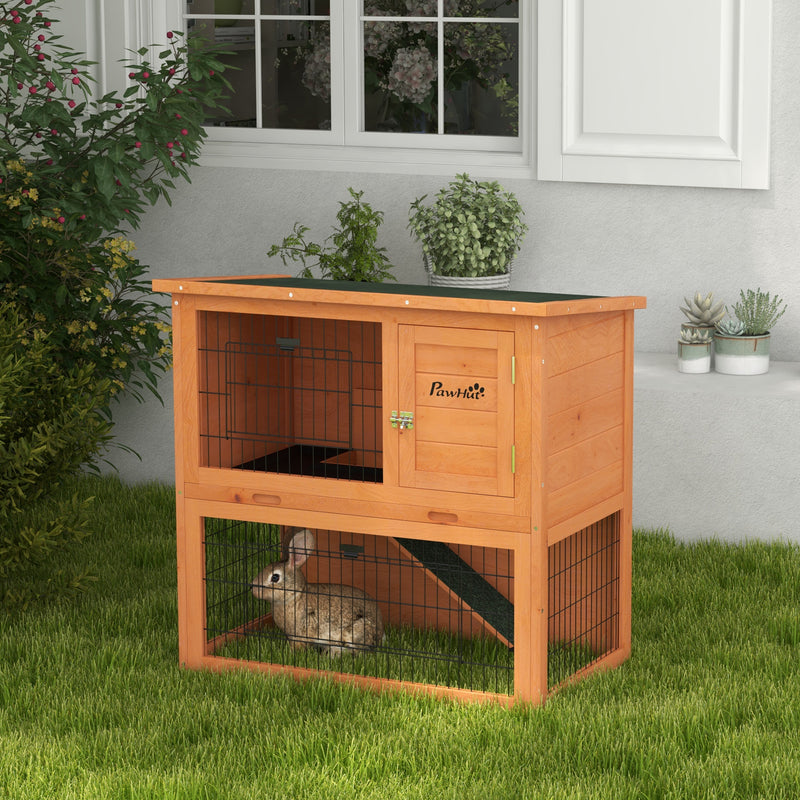 Two Tier Wooden Rabbit Hutch with Outdoor Run Ideal for Guinea Pigs and Bunnies Orange AOSOM