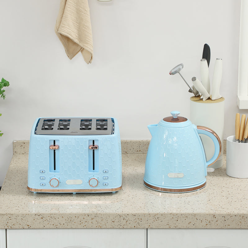 1.7L Fast Boil 3000W Jug Kettle and 4 Slice Toaster Set With Browning Control, Light Blue