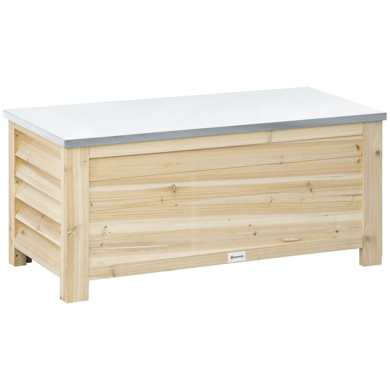 155L Outdoor Garden Storage Box With Metal Top Ideal For Tools And Equipment Natural Wood
