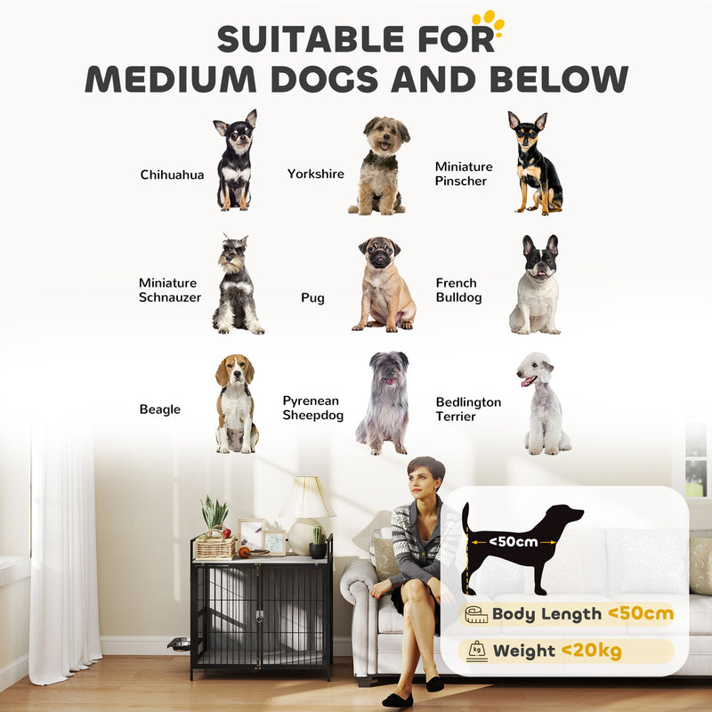 Grey Dog Crate Furniture with Rotating Bowl Holder and Double Doors for Medium Dogs by PawHut