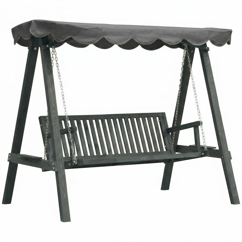 Grey Wooden Garden Swing Chair for 3 Adults with Canopy for Shade and Comfort Outsunny
