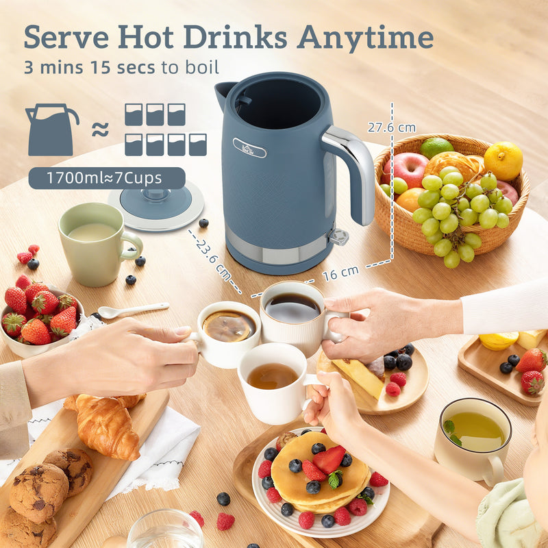 2 Slice Toaster and 1.7L Kettle Set with Textured Design for Modern Kitchens Blue