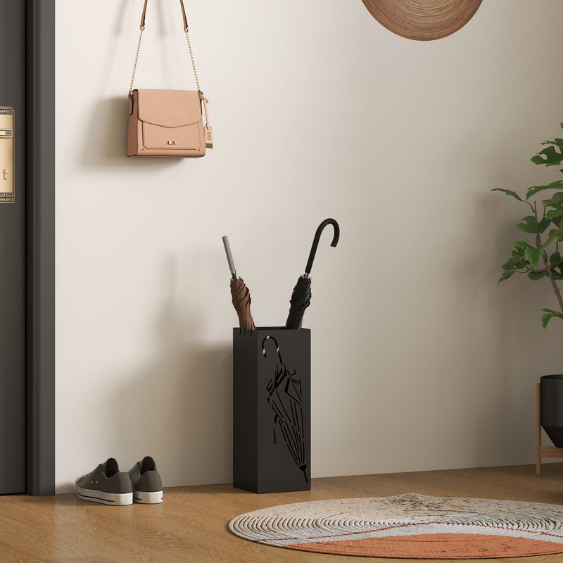 Black Metal Umbrella Stand with Hooks and Drip Tray for Hallway and Entryway by HOMCOM