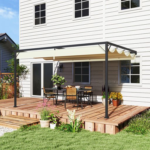 Cream White 4 x 3m Wall Mounted Pergola with Retractable Canopy by Outsunny