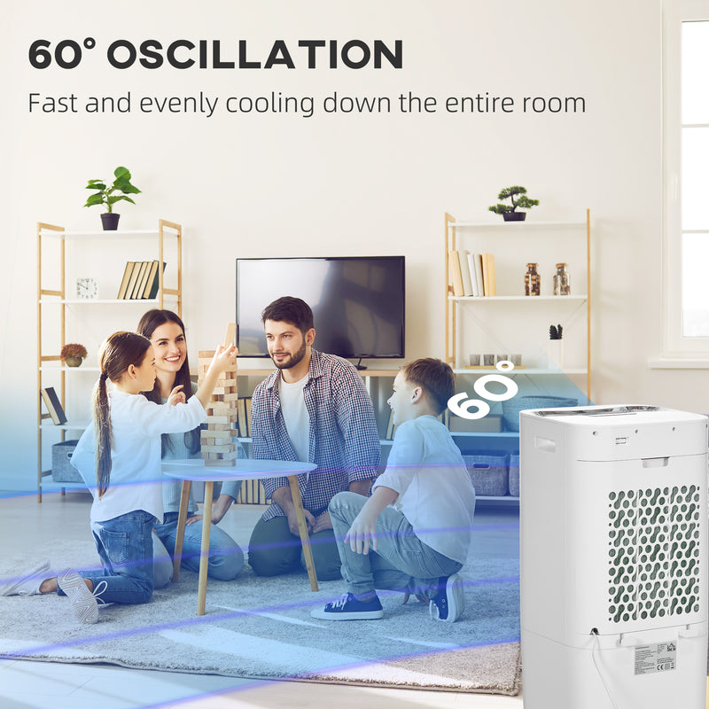 Family in a living room with an air conditioner labeled '60° Oscillation' and text about cooling.