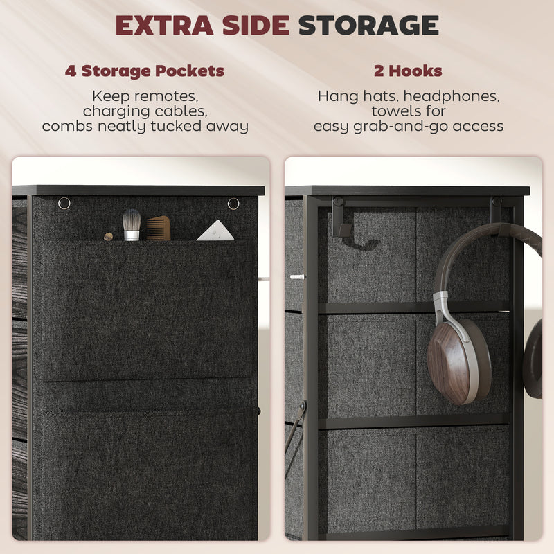 Chest of Five Fabric Drawers With Wooden Top for Bedroom or Hallway Storage Black