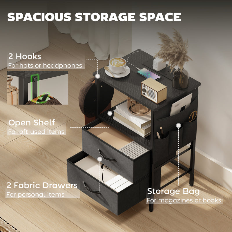 Bedside Table with USB Charging Station 2 Drawers & Storage Shelf for Bedroom or Living Room, Black