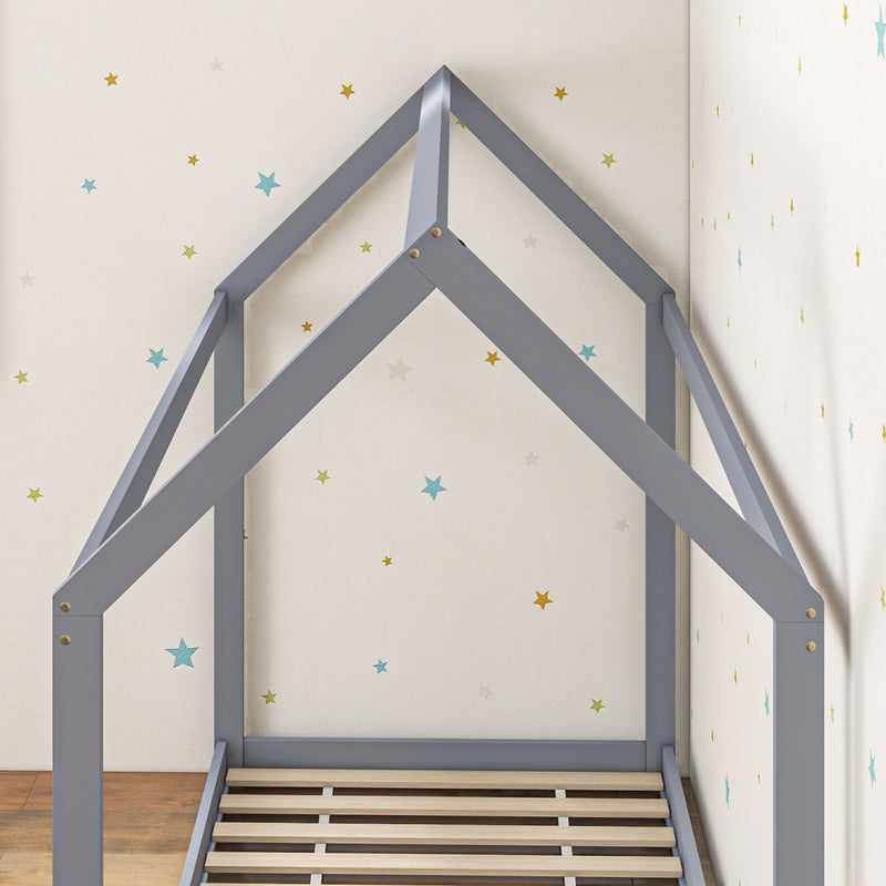 Scandinavian Style Wooden Single Bed Frame For Kids With Solid Pine Base Grey