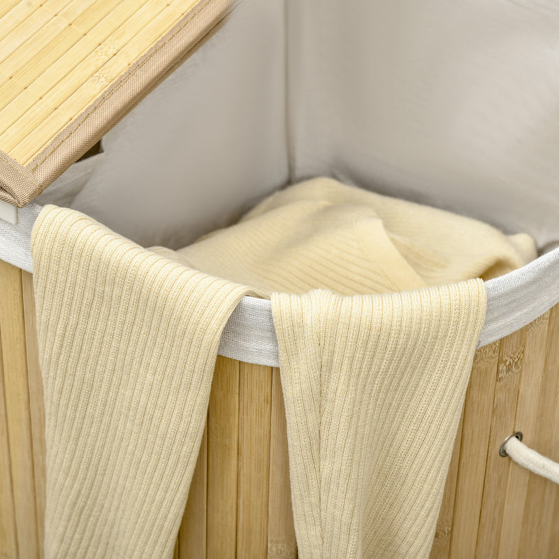 100 Litre Bamboo Laundry Basket with Lid and 2 Sections Removable Lining, Natural