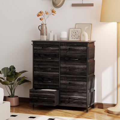 Chest of 10 Drawer Fabric Storage Unit With Metal Frame For Bedroom or Hallway Black