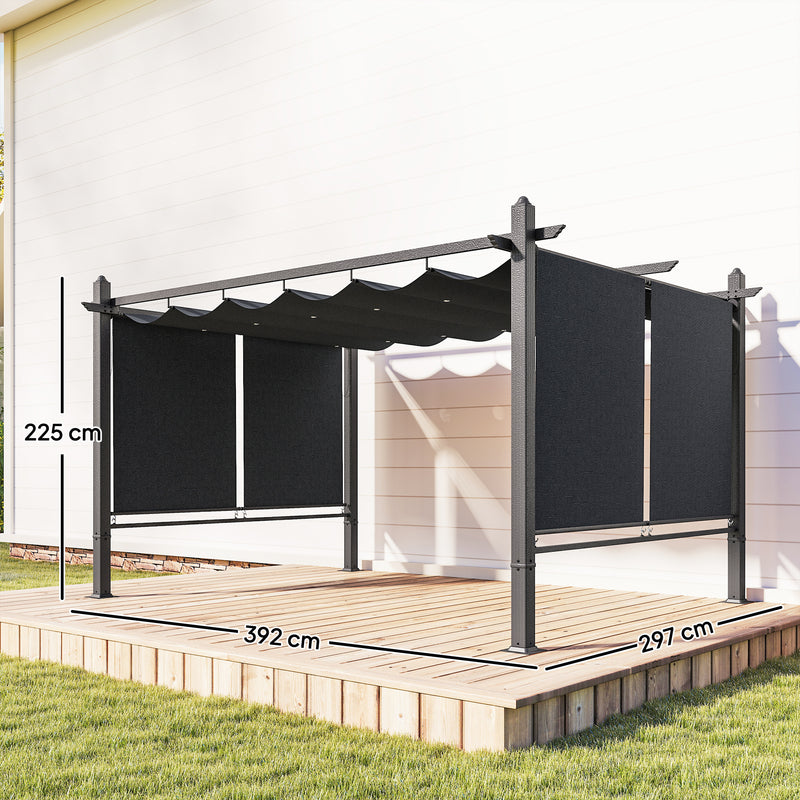 Retractable Garden Pergola with Adjustable Roof and Privacy Sides for Year Round Shelter Dark Grey