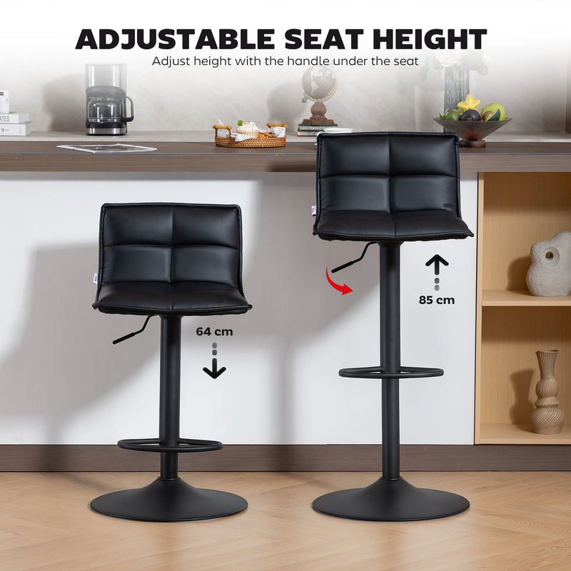 Set of 2 Height Adjustable Faux Leather Bar Stools With Footrest For Kitchen Black