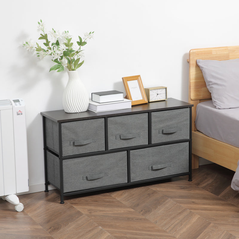 Grey Chest of 5 Fabric Drawers with Wooden Top for Bedroom and Living Room by HOMCOM