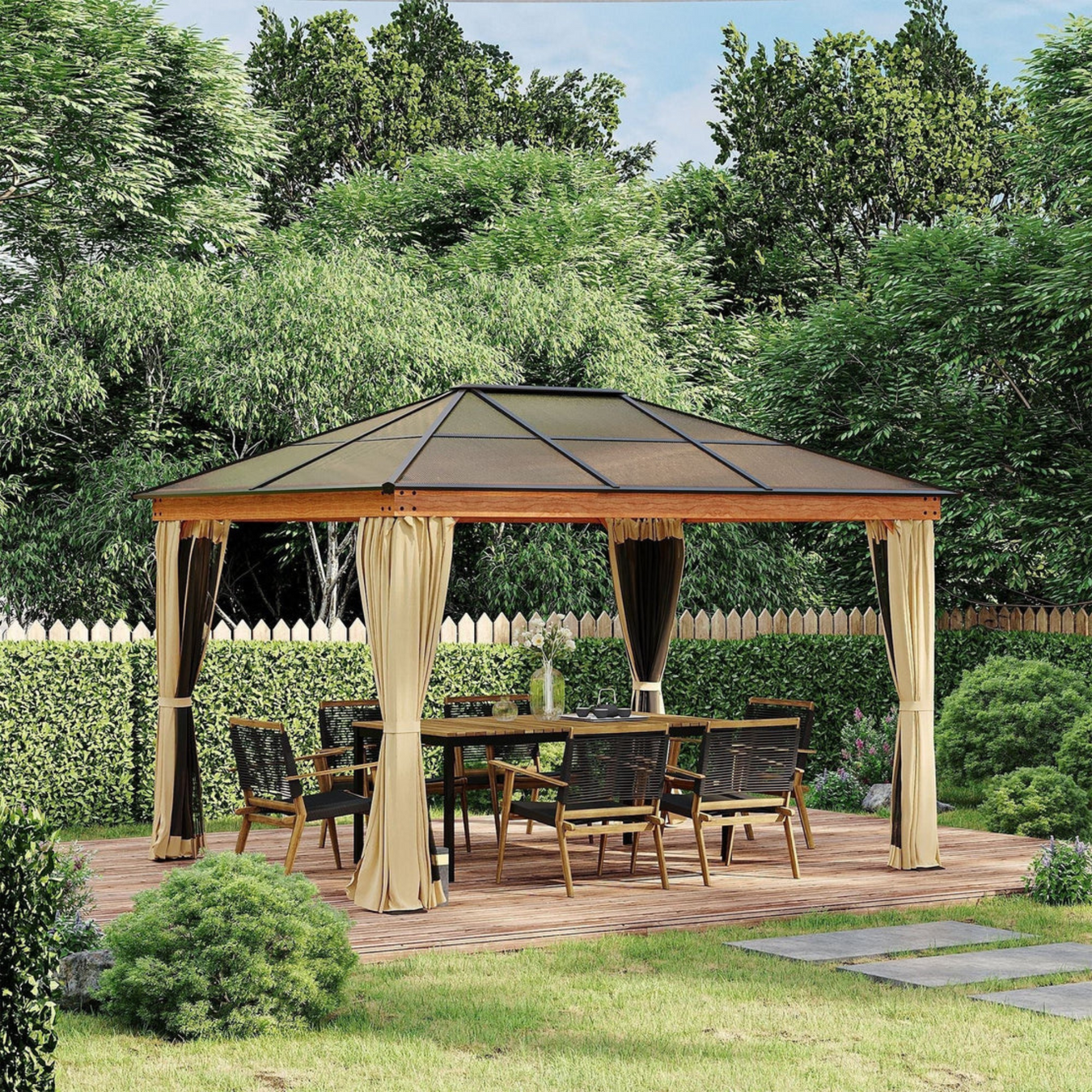 Outsunny 3x4m hard top gazebo with polycarbonate roof, steel frame, and cream privacy curtains- create a sophistic retreat for dining and entertaining.