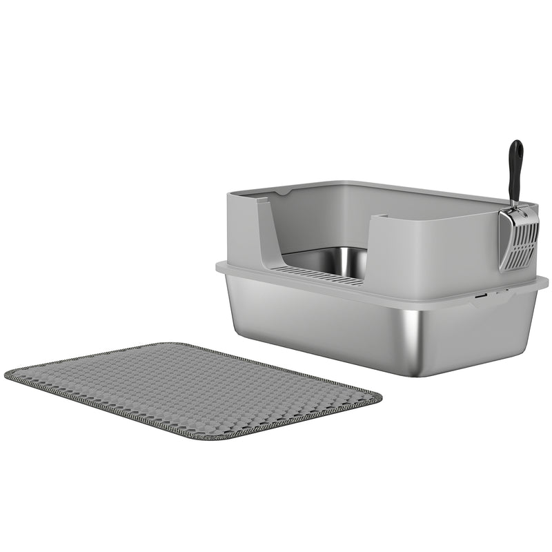 High Sided Stainless Steel Cat Litter Tray With Scoop and Mat Odour Resistant Grey