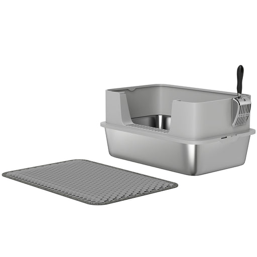 High Sided Stainless Steel Cat Litter Tray With Scoop and Mat Odour Resistant Grey