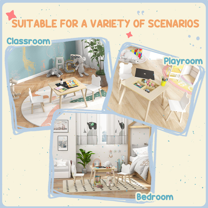 Kids Wooden Activity Table Set with 2 Chairs Convertible Desk and Storage Grid