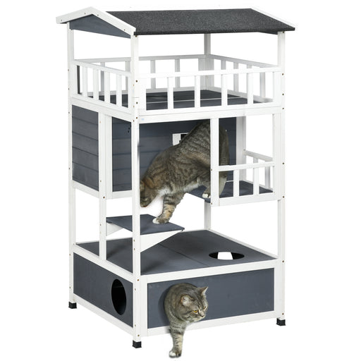 3 Tier Outdoor Wooden Cat House With Terrace And Sheltered Base For Winter, Grey
