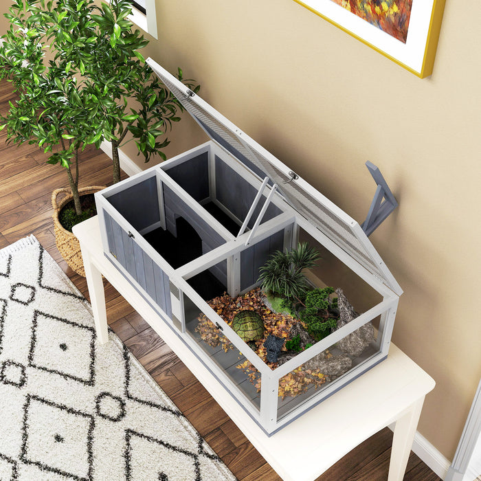 Wooden Tortoise House with Lamp Holder Clear Window Openable Tops and Tray Light Grey by PawHut