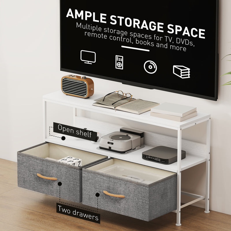 White TV Stand Cabinet with 2 Foldable Fabric Storage Drawers for Living Room or Bedroom