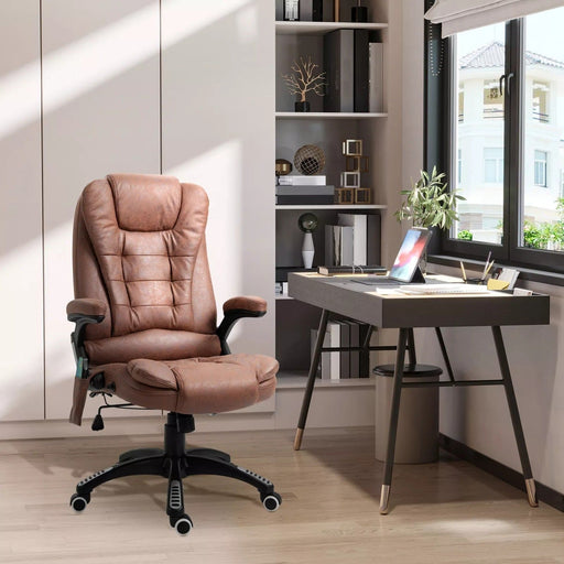 Image of a Heated Massage Office Chair with swivel wheels, padded arm rests, reclining backrest, and height adjustment.

The chair is wrapped in comfy microfibre cloth. 

This chair is ideal for home office