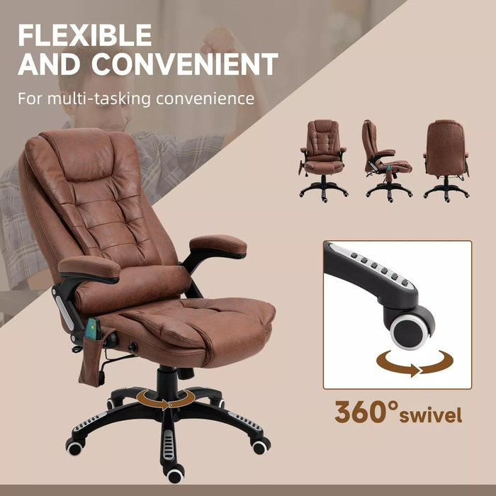 Image of a Heated Massage Office Chair with swivel wheels, padded arm rests, reclining backrest, and height adjustment.

The chair is wrapped in comfy microfibre cloth. 

This chair is ideal for home office