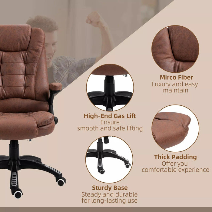 Image of a Heated Massage Office Chair with swivel wheels, padded arm rests, reclining backrest, and height adjustment.

The chair is wrapped in comfy microfibre cloth. 

This chair is ideal for home office