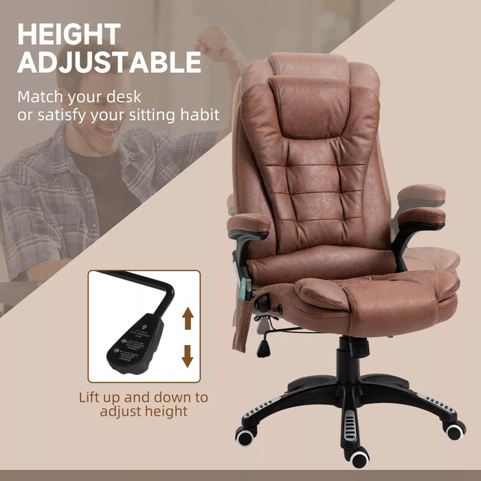 Image of a Heated Massage Office Chair with swivel wheels, padded arm rests, reclining backrest, and height adjustment.

The chair is wrapped in comfy microfibre cloth. 

This chair is ideal for home office