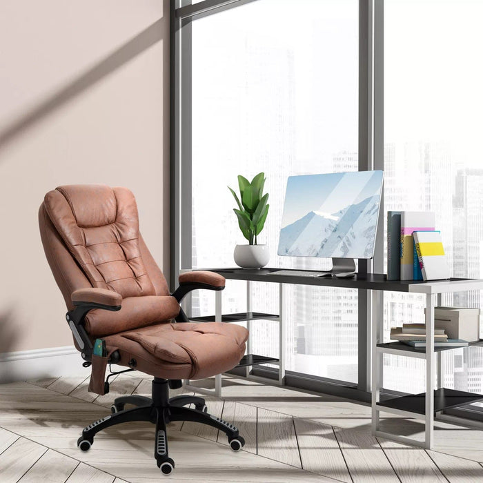 Image of a Heated Massage Office Chair with swivel wheels, padded arm rests, reclining backrest, and height adjustment.

The chair is wrapped in comfy microfibre cloth. 

This chair is ideal for home office